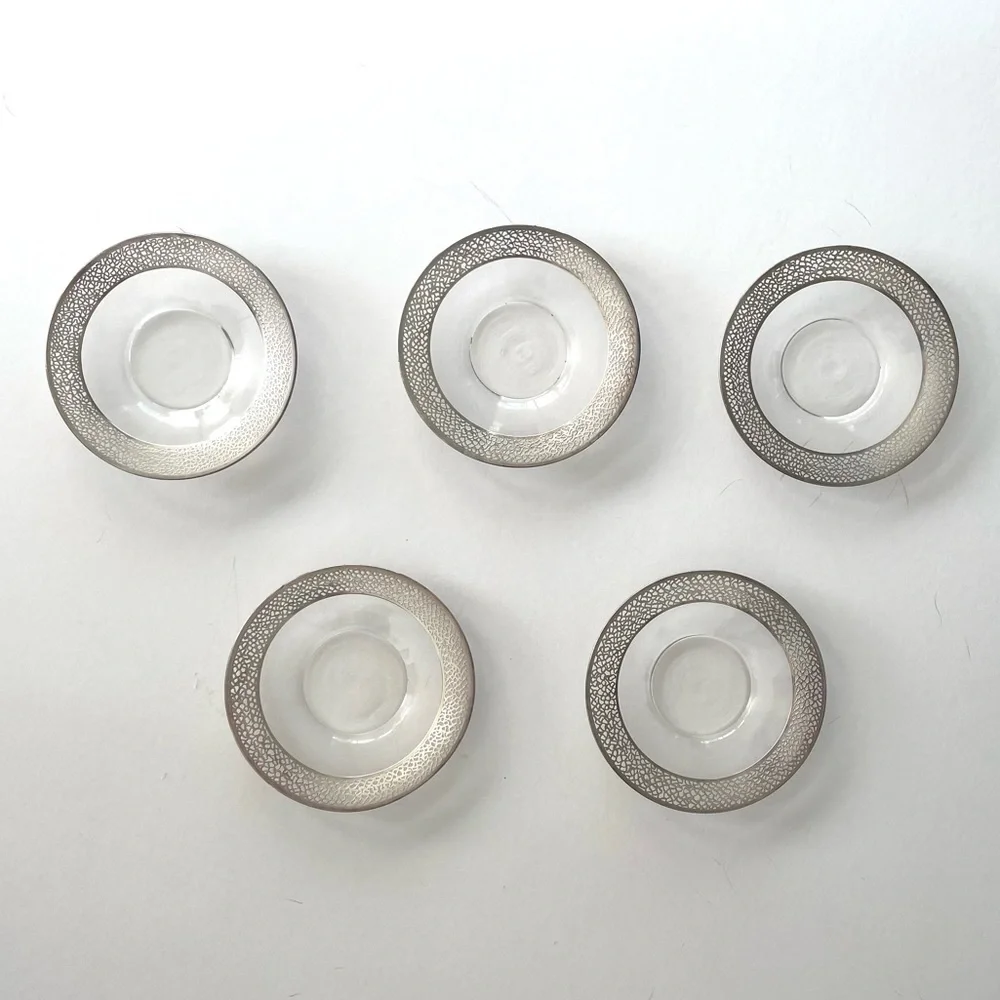 Five Vintage Clear Glass Sterling Silver Lace Overlay Bread Plates